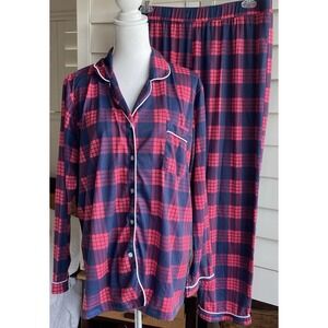 EKOUAER WOMEN PJ SET 2XL‎ LONG SLEEVE BUTTON Up Pink Blue PLAID LOUNGEWEAR